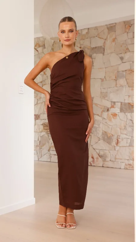 Glitter party dress-Nahilla One Shoulder Maxi Dress - Chocolate