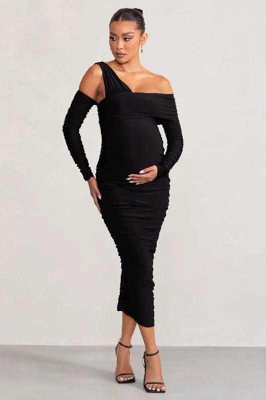 Short sleeve cocktail dress-Neile | Black Asymmetric Bardot Maternity Midi Dress with Sleeves