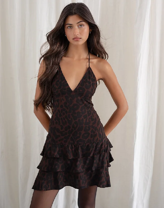 Polka dot sundress-Nenita Halterneck Mini Dress in Oversize Jaguar Brown