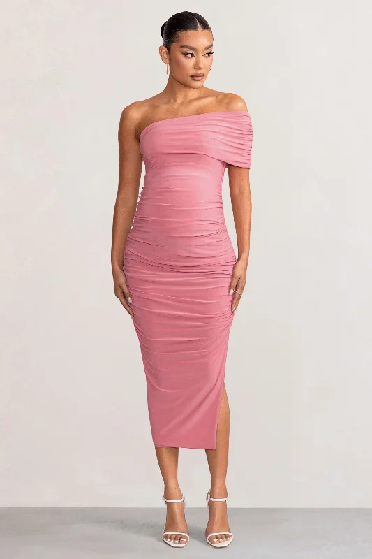 Striped sundress-Odelia | Blush Maternity Midi Dress with Asymmetric Sleeve and Side Split