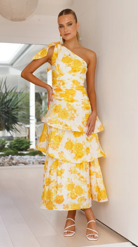 Denim jumper dress-Odilie One Shoulder Maxi Dress - Yellow Floral