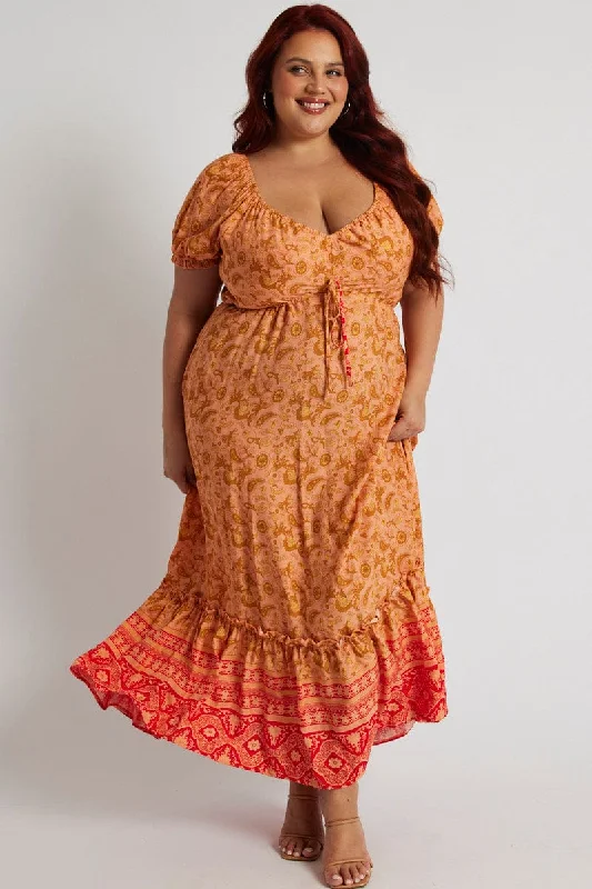 Floral party dress-Orange Boho Puff Sleeve Boho Printed Maxi Dress High Low Hem