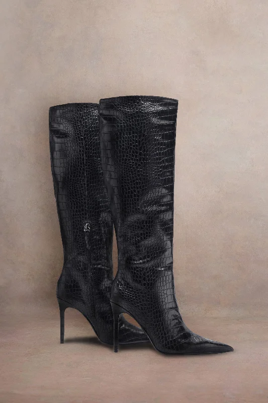 Uptown | Black Croc Fitted Over-Knee Pointed Heeled Boots