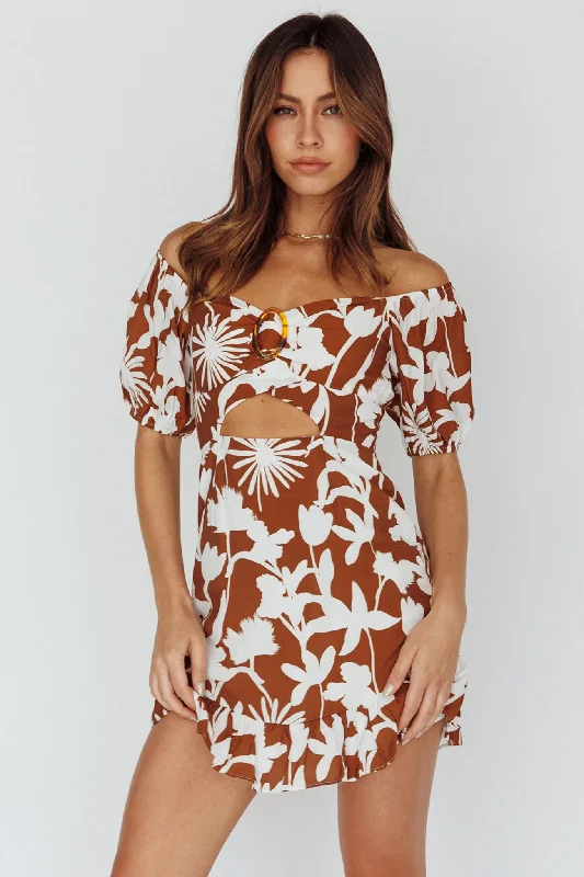 One-shoulder cocktail dress-Palm Beach Puff Sleeve Dress Printed Tan