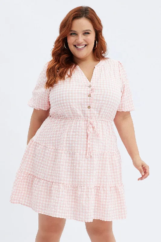 Red chiffon dress-Pink Check Shirt Dress Short Sleeve Tiered