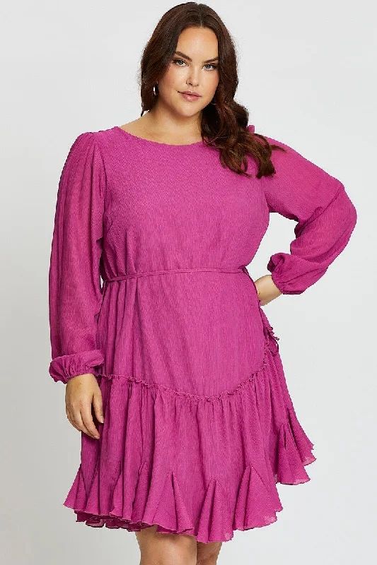 Smocked sundress-Pink Long Sleeve Pink Flip Hem Shift Dress