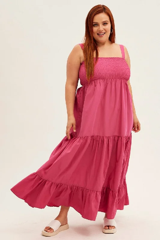 Satin cocktail dress-Pink Maxi Dress Sleeveless Shirred Tiered