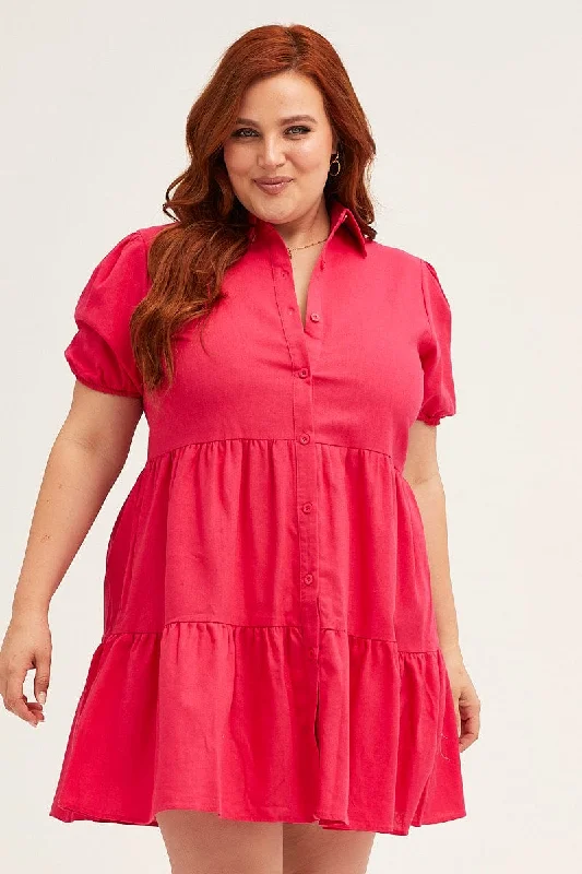 Corset party dress-Pink Shirt Dress Puff Sleeve Button