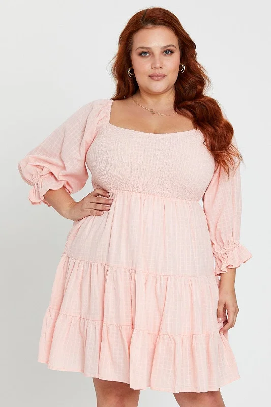 Off-shoulder cocktail dress-Pink Skater Dress Scoop Neck Long Sleeve Ruffle Hem