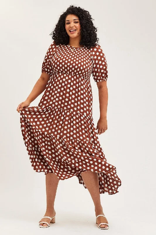 Peplum prom dress-Polka Dot Maxi Dress Round Neck Puff Sleeve Shirred