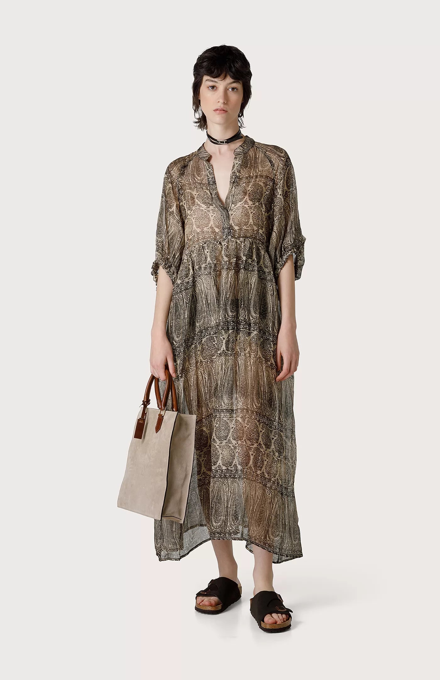 Pleated sundress-Printed Silk & Linen Gauze Dress - Cold Brown