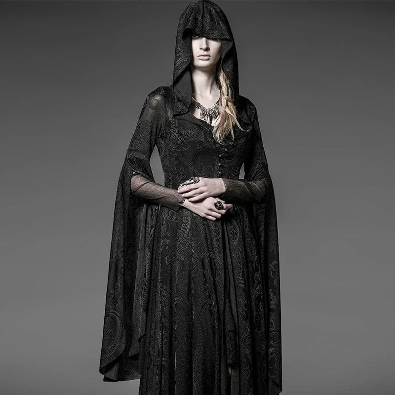 Smocked party dress-Women's Gothic Hooded Witch Maxidress Halloween Priestess Dress