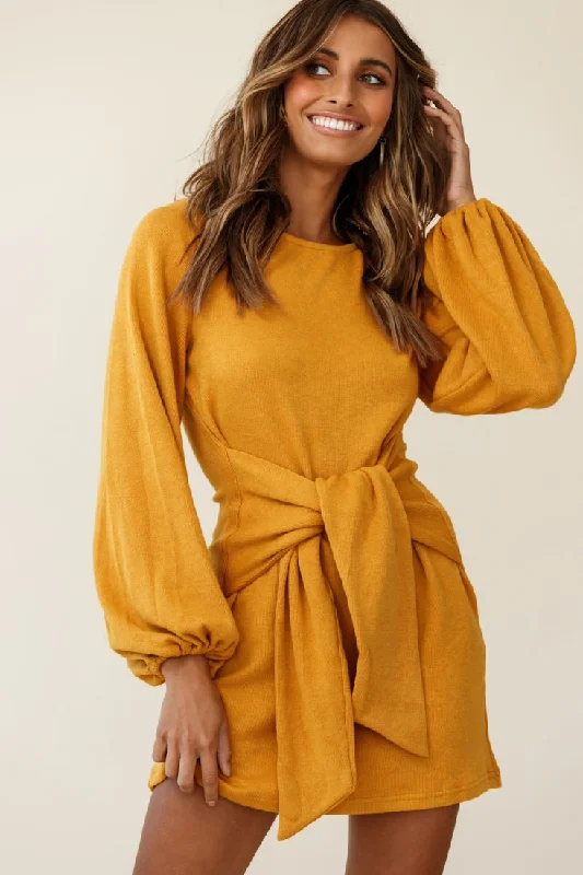 High-low prom dress-Rapt Waist Tie Knit Dress Mustard