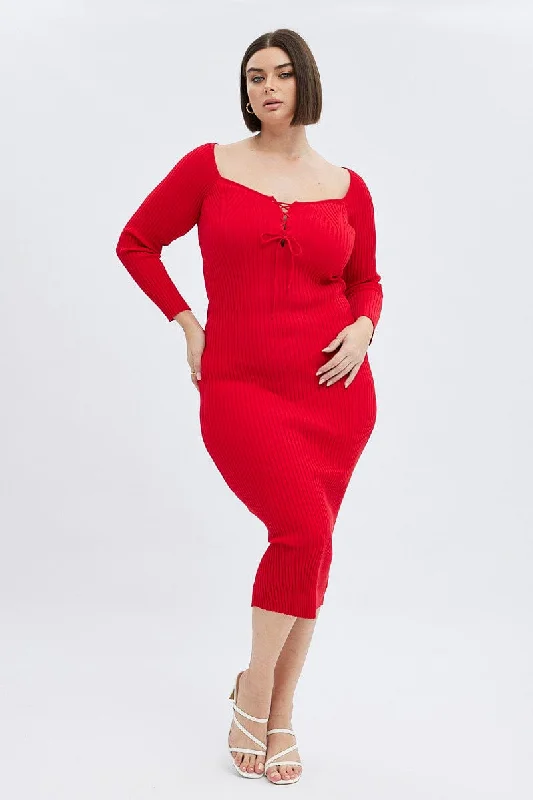 Glitter cocktail dress-Red Knit Dress Lace Up Front Long Sleeve Rib