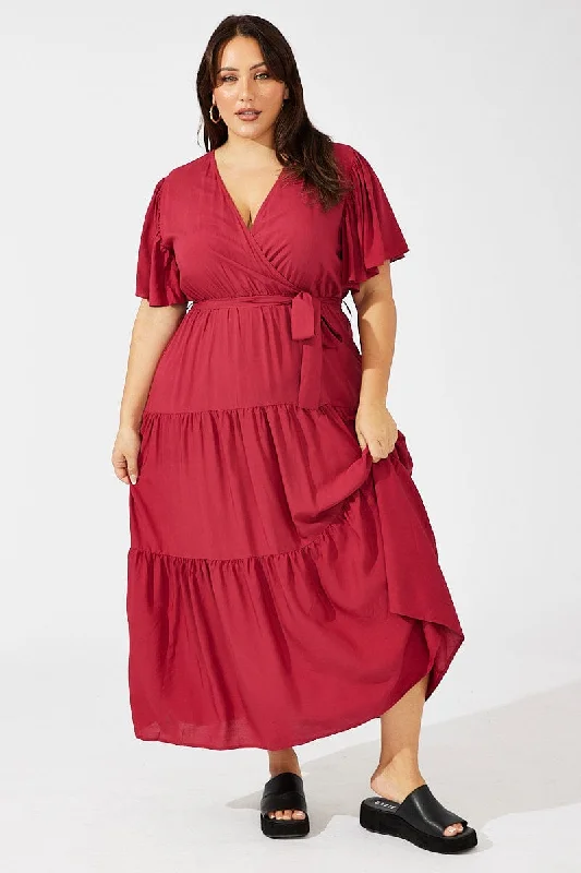 Bodycon velvet dress-Red Maxi Dress Short Sleeve V-neck Tiered