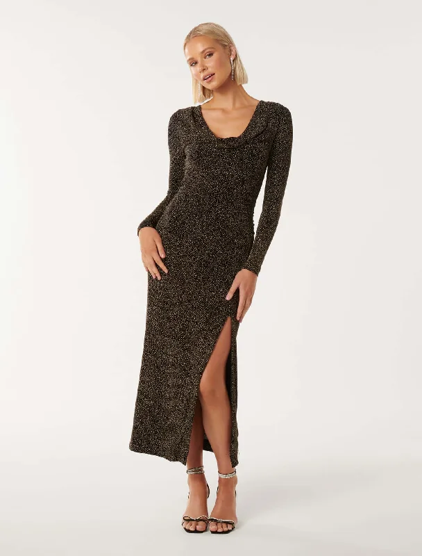 Black velvet dress-Reva Cowl Neck Glitter Midi Dress