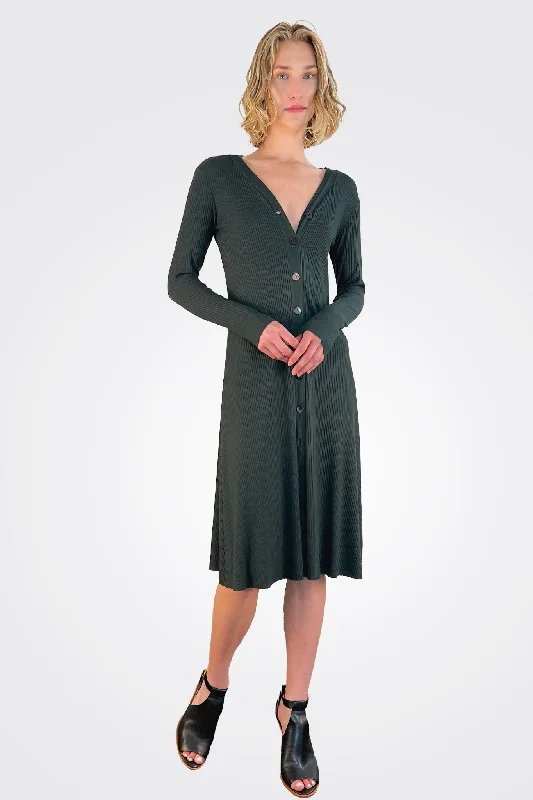 Off-shoulder party dress-Ribbed Cardigan Dress - Dark Cedar