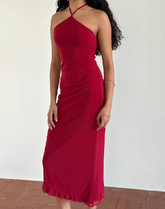 Satin sundress-Ribka Halterneck Midi Dress in Mesh Cherry