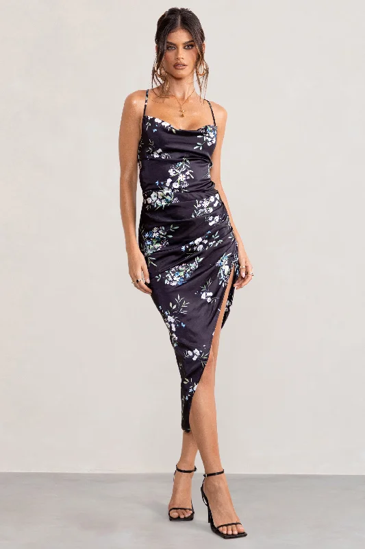 Striped party dress-Risk It All | Black Floral Print Cowl Neck Satin Asymmetric Hem Midi Dress