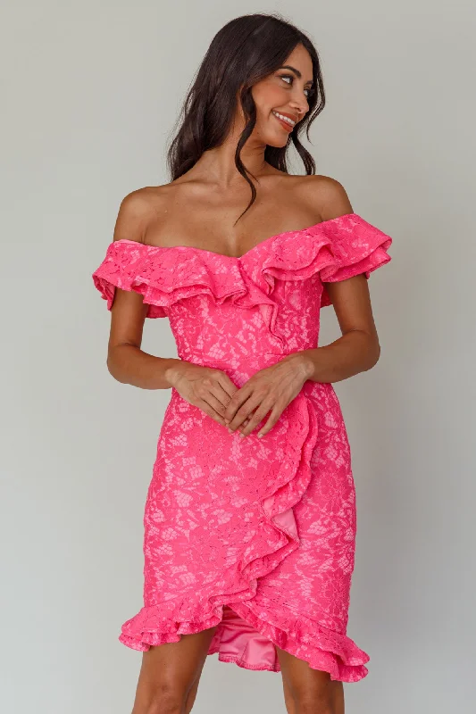 Ruffled cocktail dress-Rossi Off-Shoulder Double Ruffle Lace Dress Hot Pink