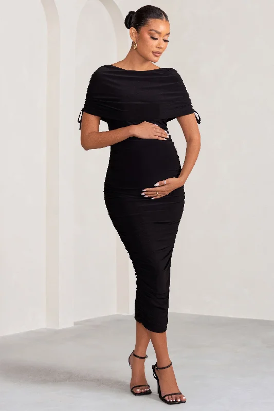 Off-shoulder sundress-Roxanne | Black Ruched Bardot Maternity Midi Dress