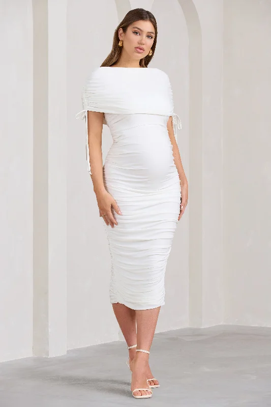 Long sleeve party dress-Roxanne | White Ruched Bardot Maternity Midi Dress