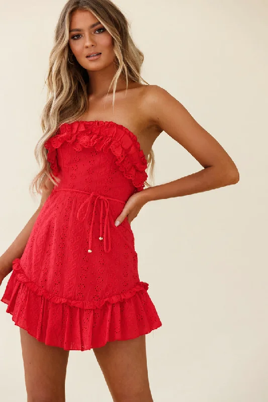 Long sleeve cocktail dress-Running Through Your Mind Eyelet Embroidery Bandeau Dress Red