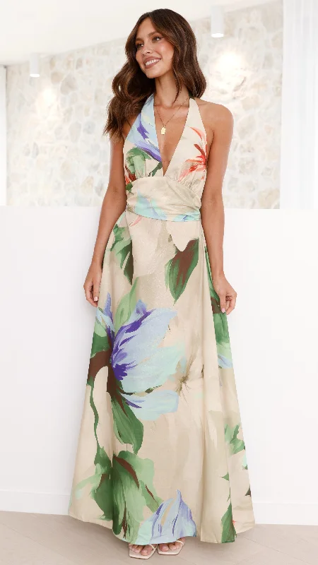 Pleated cocktail dress-Saffron Maxi Dress - Beige Floral