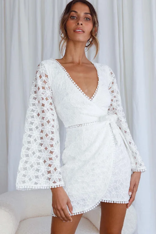 Long sleeve cocktail dress-Santa Cruz Bell Sleeve Embroidered Wrap Mini Dress White