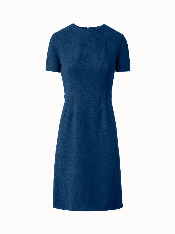 Floral cocktail dress-Sheath Dress with Short Sleeves in Wool Crêpe Double-Face