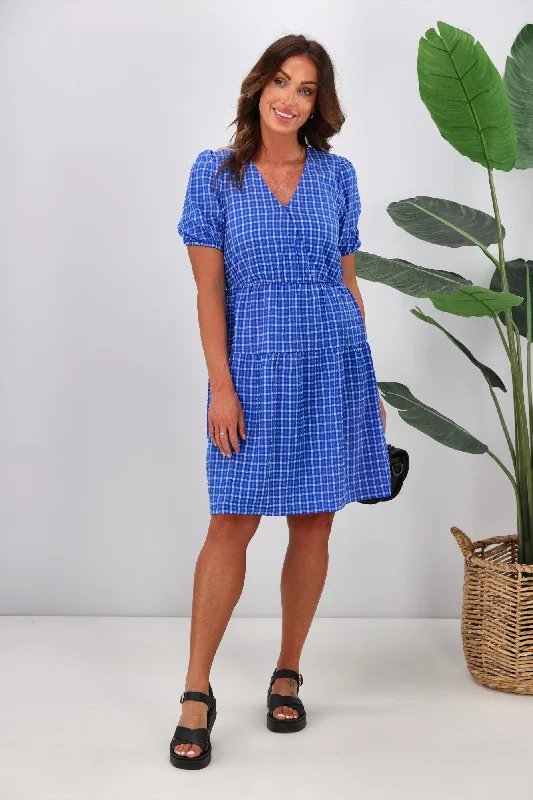 Satin party dress-Shine On Label Tatiana Cross Over Tier Check Dress Blue