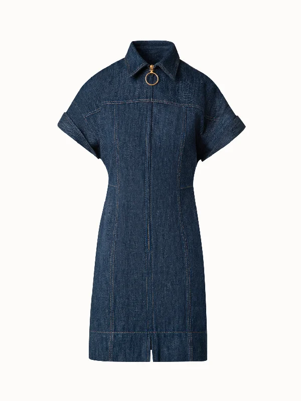 Striped cocktail dress-Short Denim Dress with Polo Collar