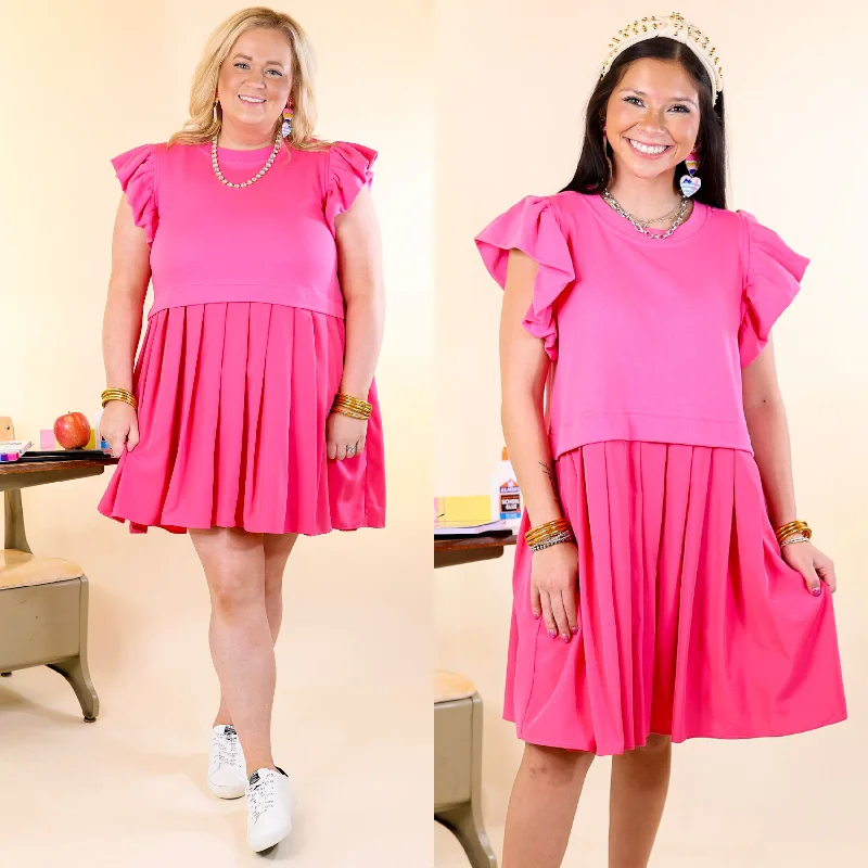 Off-shoulder sundress-Simple Sophistication Solid Color Dress with Ruffle Cap Sleeves in Hot Pink