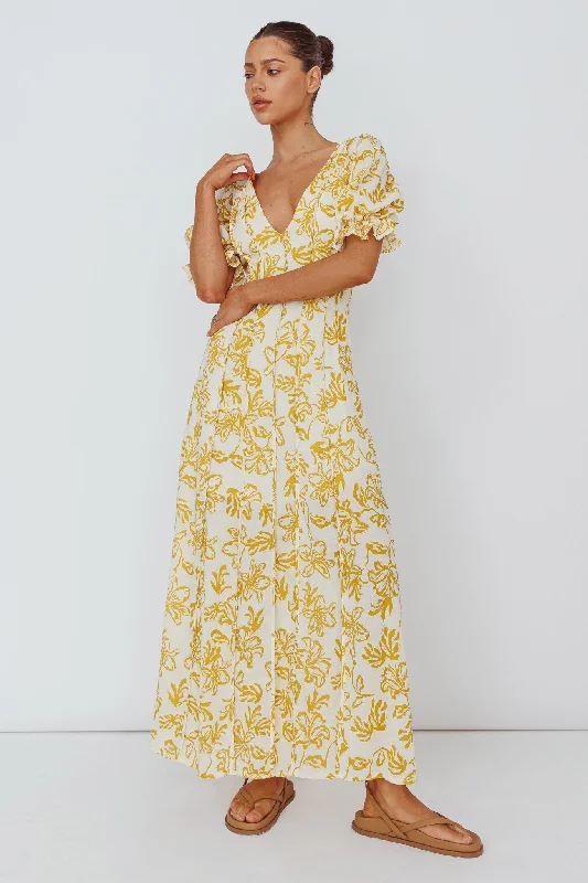 Ruffled party dress-Sitting Pretty Pintuck Pleat Puff Sleeve Dress Yellow