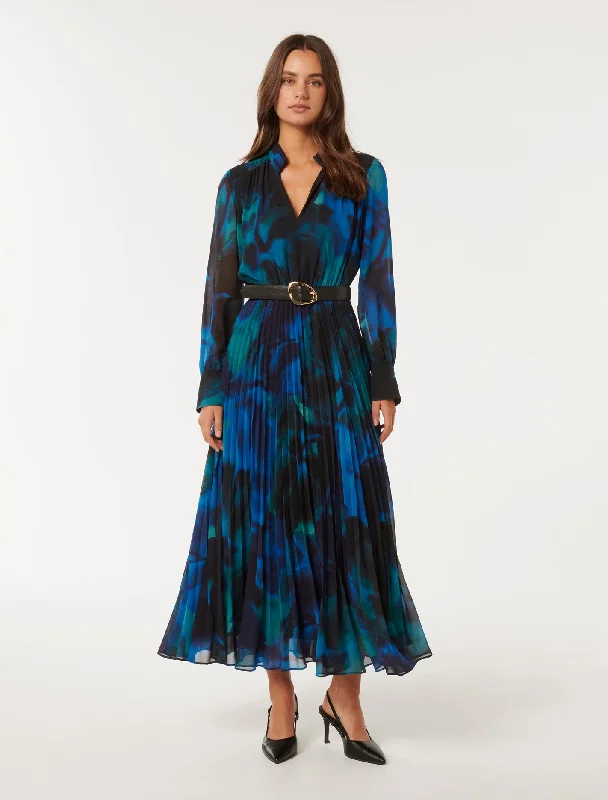 Denim jumper dress-Skyla Pleated Long Sleeve Midi Dress