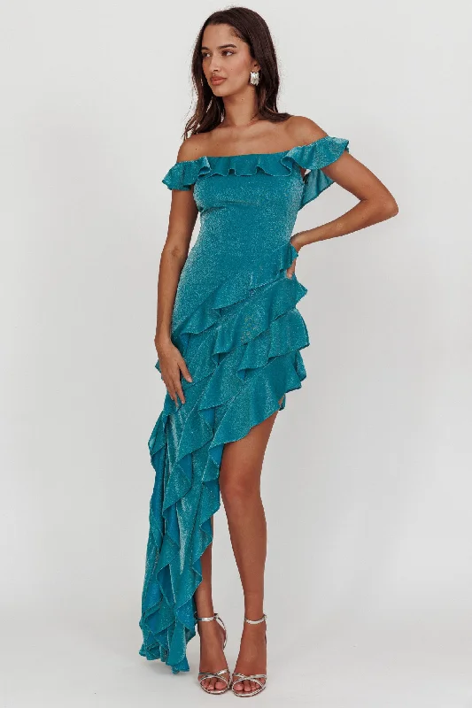 Corset sundress-So Into You Off Shoulder Glitter Ruffle Dress Jade