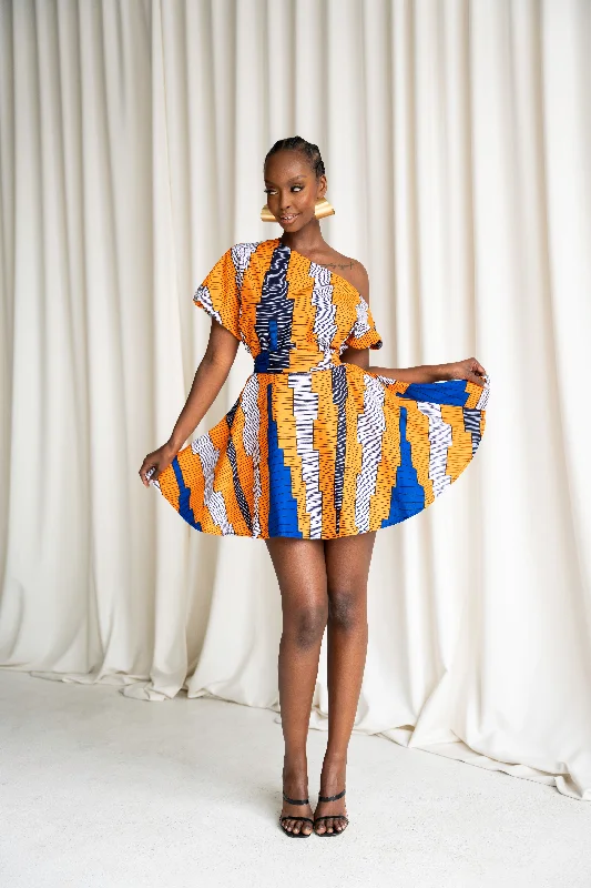 Off-shoulder sundress-SOMIE African Print One-shoulder Mini Dress