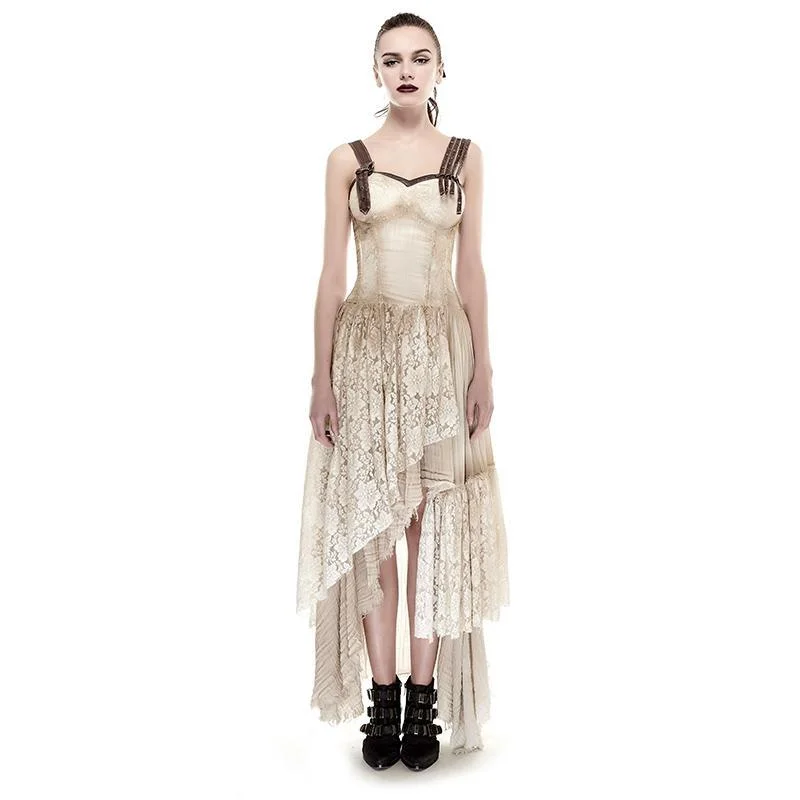 Short sleeve party dress-Women's Steampunk Irregular Lace Maxi Slip Dress Khaki