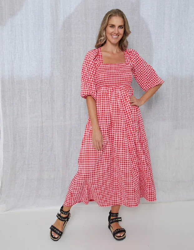 Off-shoulder cocktail dress-Stella + Gemma Sherry Dress Gingham Red Pink