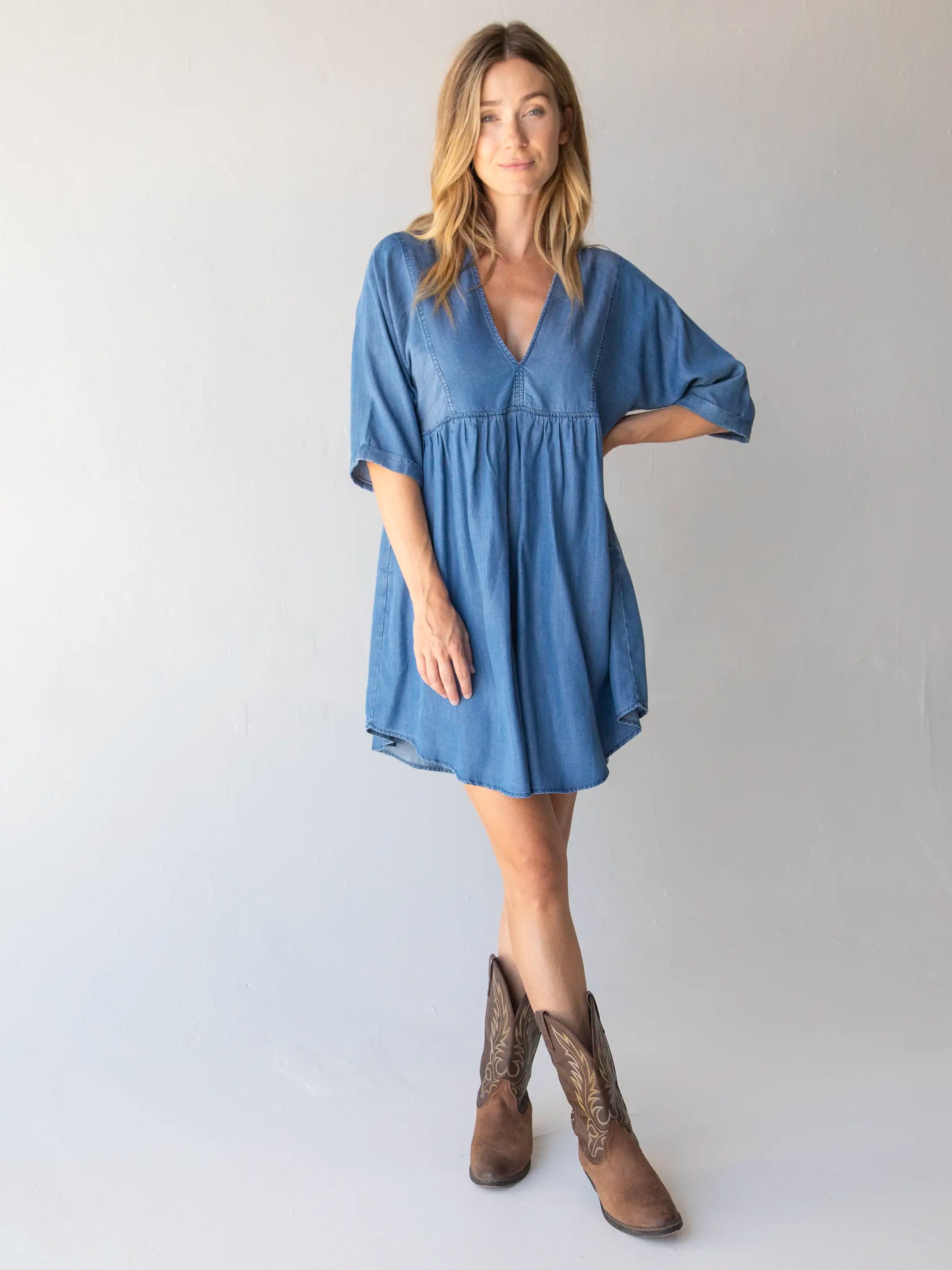 Buttoned maxi dress-Stella V-Neck Mini Dress - Denim Blue