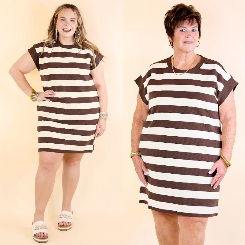 Pleated velvet dress-Stripe it Simple Striped Dress with Cap Sleeves in Brown and Cream