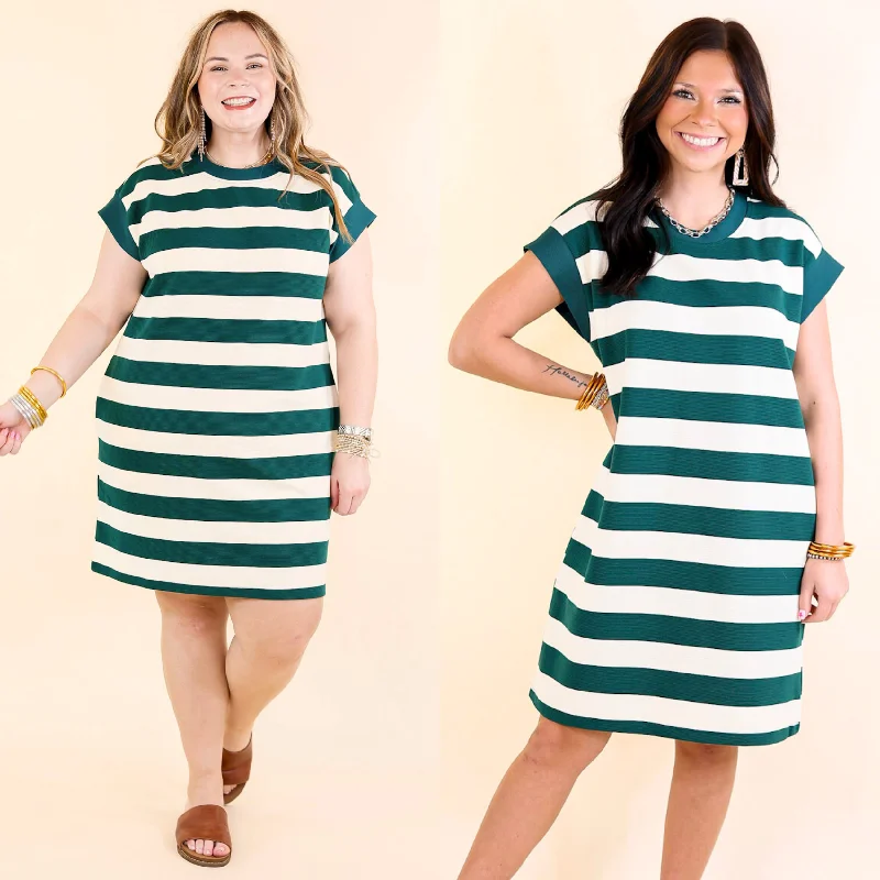 Smocked party dress-Stripe it Simple Striped Dress with Cap Sleeves in Forest Green and Cream