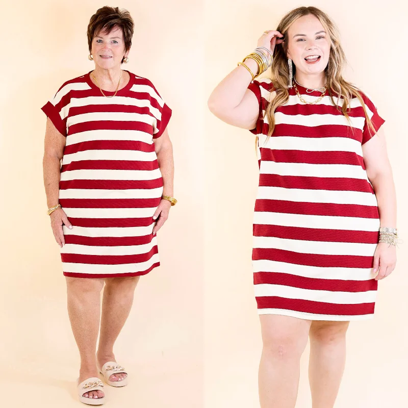 Tiered sundress-Stripe it Simple Striped Dress with Cap Sleeves in Burgundy and Cream