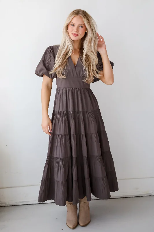 Ruffled sundress-Stunning RSVP Charcoal Tiered Maxi Dress