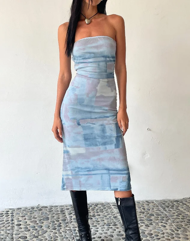 One-shoulder sundress-MOTEL X JACQUIE Suki Bandeau Midi Dress in Mesh Abstract Paint Brush Blue