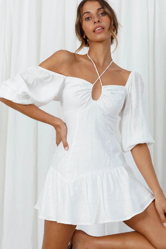 Fringe sundress-Summertime String-Tie Halterneck Puff Sleeve Mini Dress White