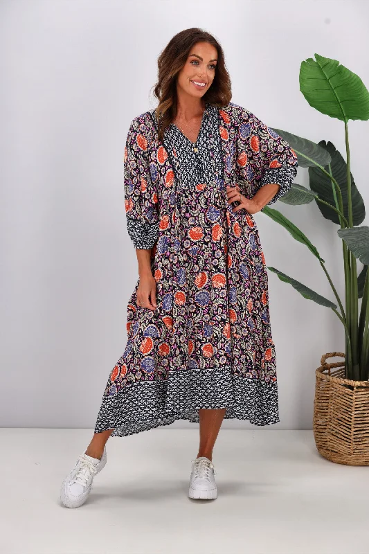 Ruched cocktail dress-Sunday Boho Abigail Dress Fucshia Aztec Paisley