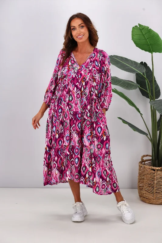 Tiered cocktail dress-Sunday Boho Marina Dress Pink Aztec