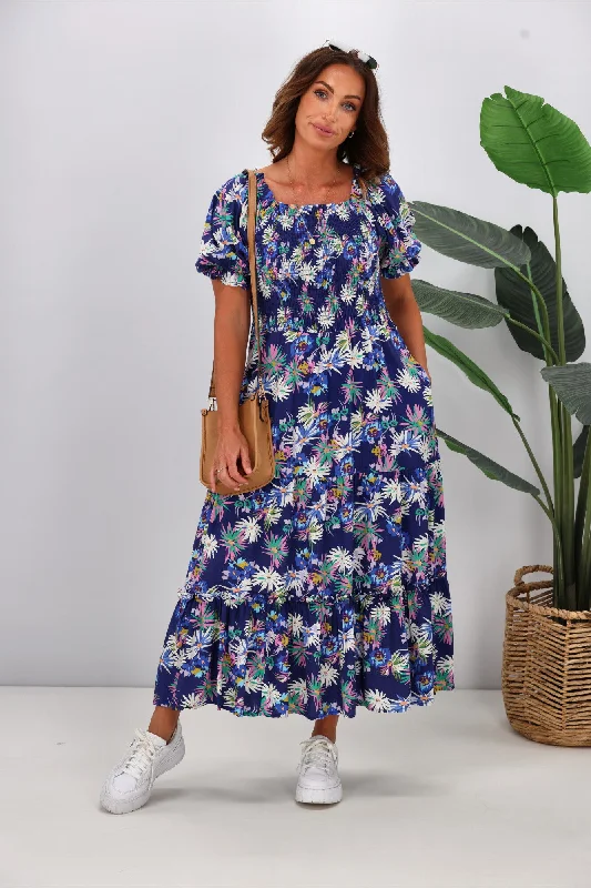 Off-shoulder cocktail dress-Sunday Boho Mia Dress Blue Floral