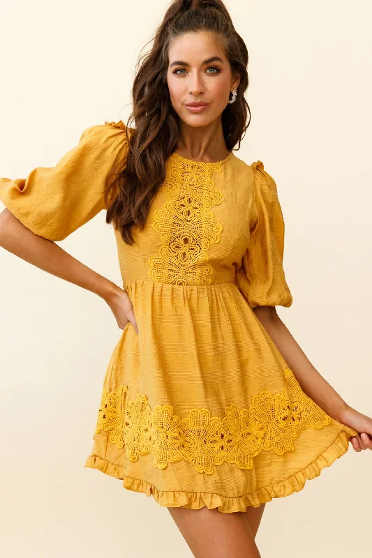 Tiered sundress-Sunday Morning Applique Embellished Open Back Dress Yellow